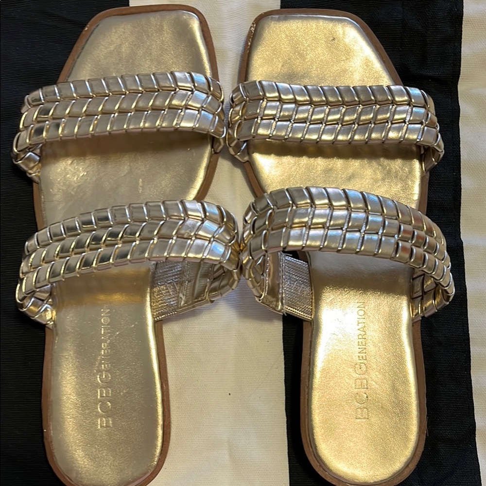 BCBGeneration Gold Sandals with Rhinestone Embellishments